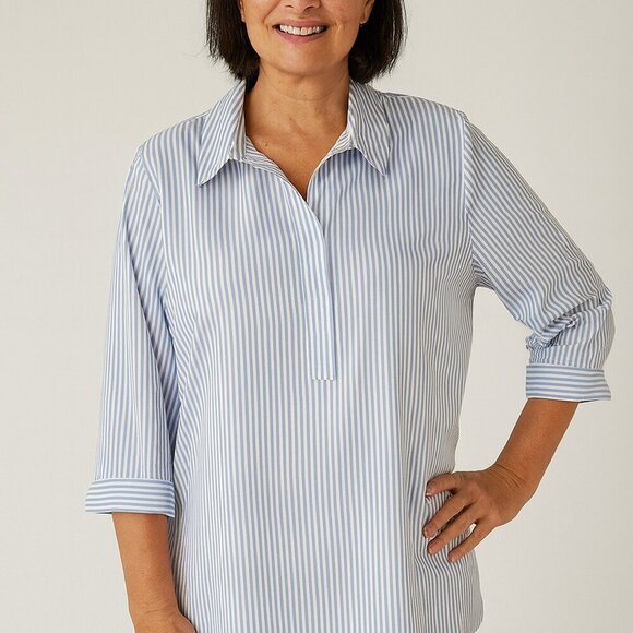 Chico’s Blue & White Striped Button-Back Blouse Women’s 3/4 Sleeve Collared Top - Picture 2 of 12